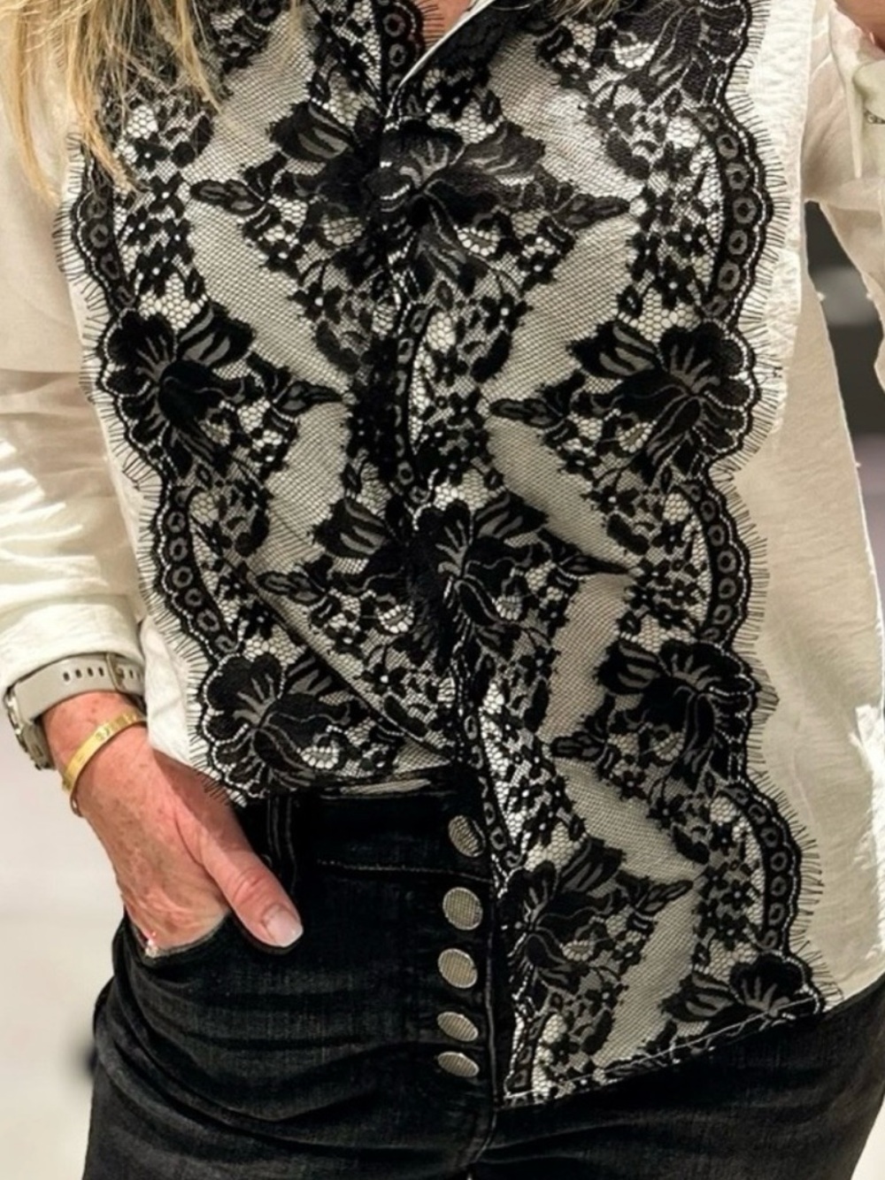 Dolce Blouse. White Blouse with Black Lace Front Panel